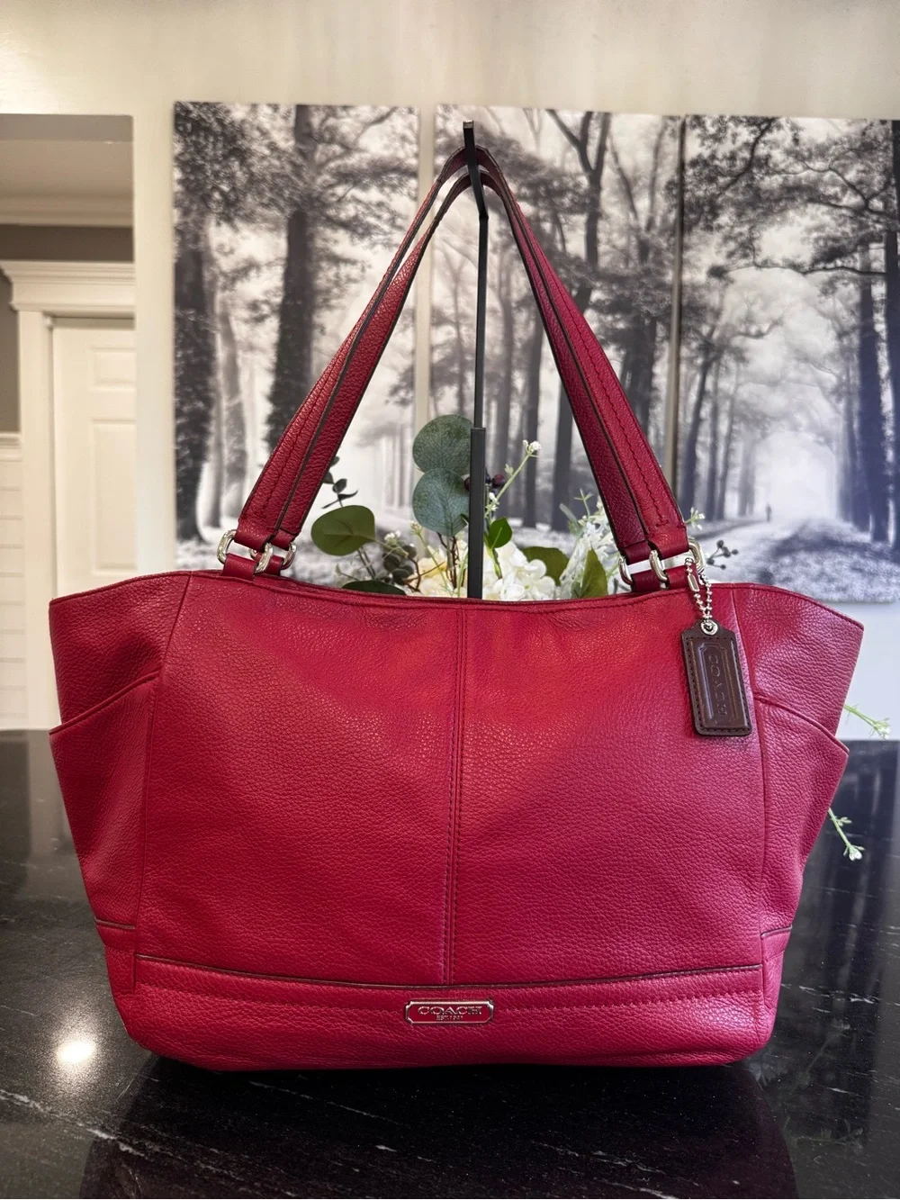 ♥️Coach Pebbled Leather Tote in Cranberry Red